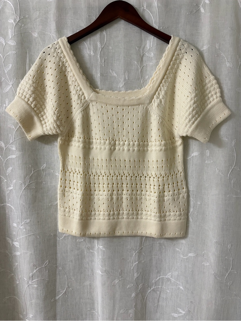 Faherty Cream Knit Square-Neck Short Sleeve Sweater Size Large